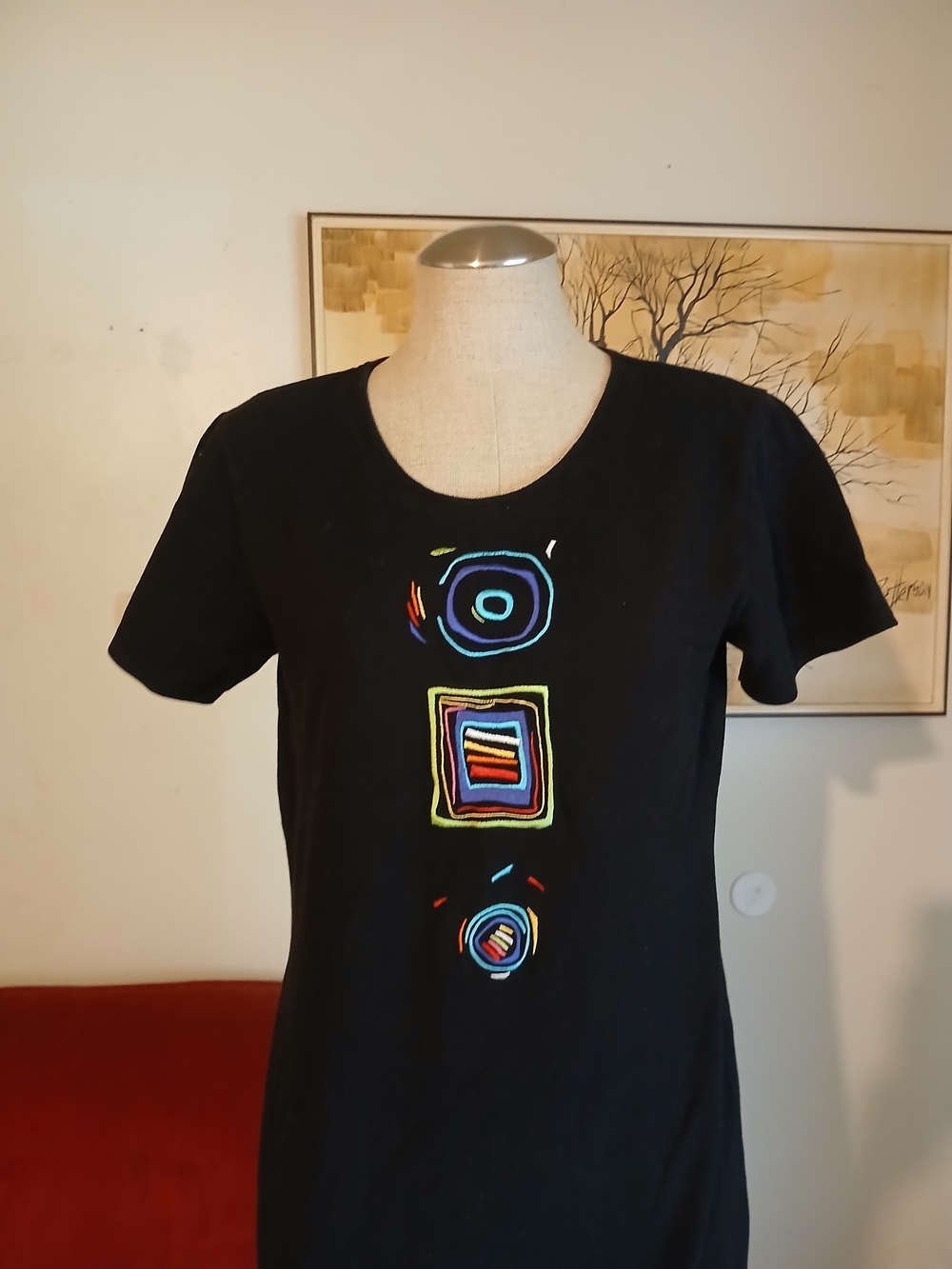 Vintage Black Midi Tshirt Dress with Multicolor Embroidered Motifs By Richard